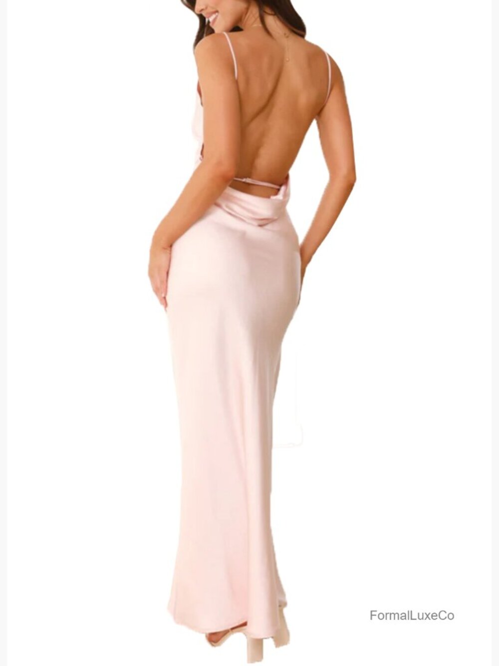 Elegant Satin Formal Maxi Dress Sleeveless Open Back Spaghetti Strap Wedding - Picture 6 of 6